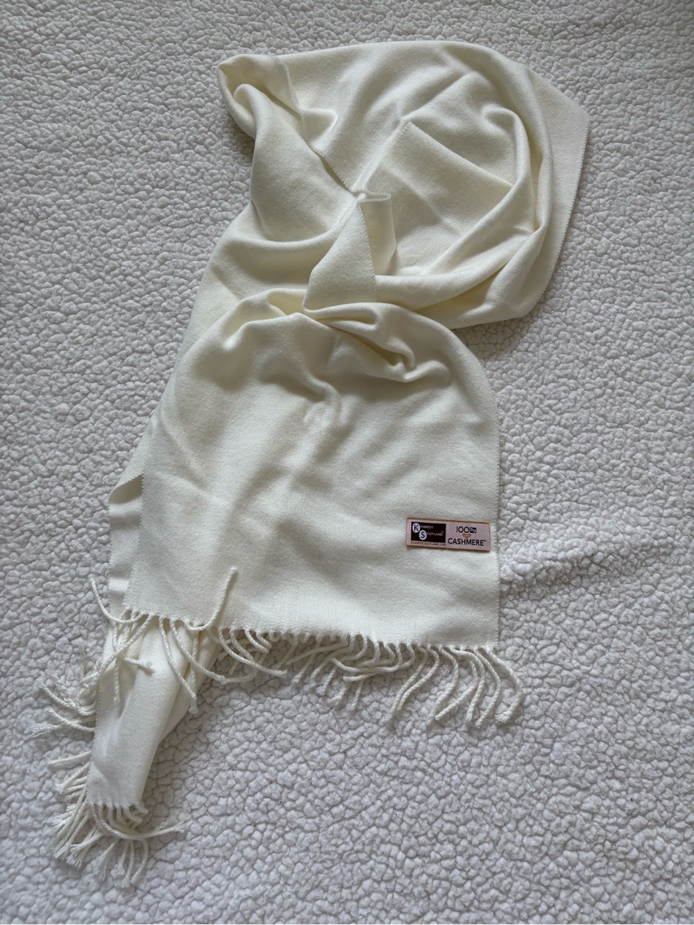 Quiet Luxury 100% Cashmere Scarf -Winter Wrap Cream Off-White Fringe Unisex cozy
